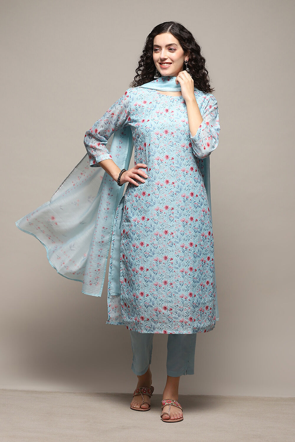 Blue Linen Blend Unstitched Suit Set image number 8