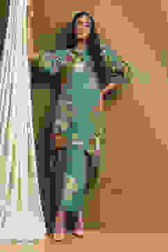 Green Modal Floral Printed Asymmetric Kurta Set image number 0