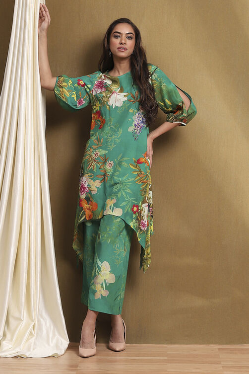 Green Modal Floral Printed Asymmetric Kurta Set image number 0