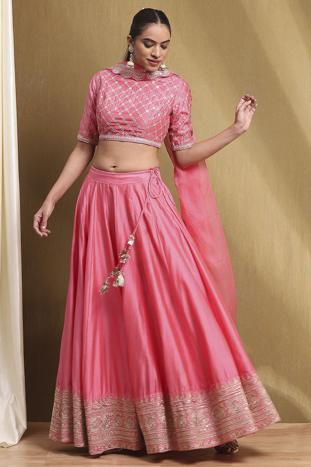 Coral Cotton Blend Embroidered Lehenga Set image number 3