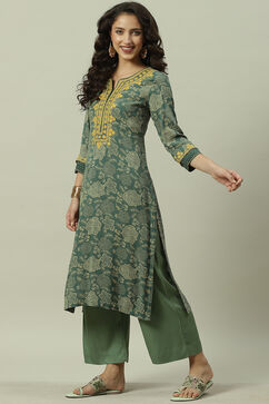 Green Rayon Straight Printed Kurta image number 3