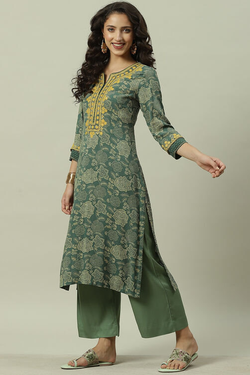 Green Rayon Straight Printed Kurta image number 3