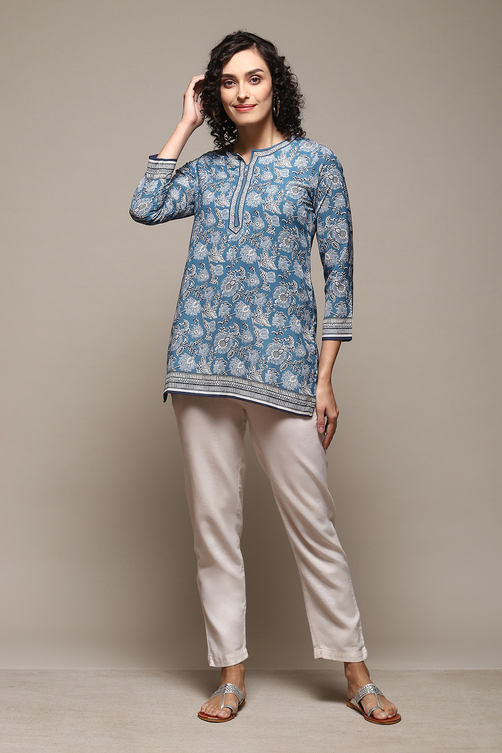 Denim Blue Polyester Straight Printed Kurti