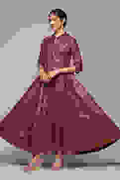 Wine Cotton Flared Printed Dress image number 2