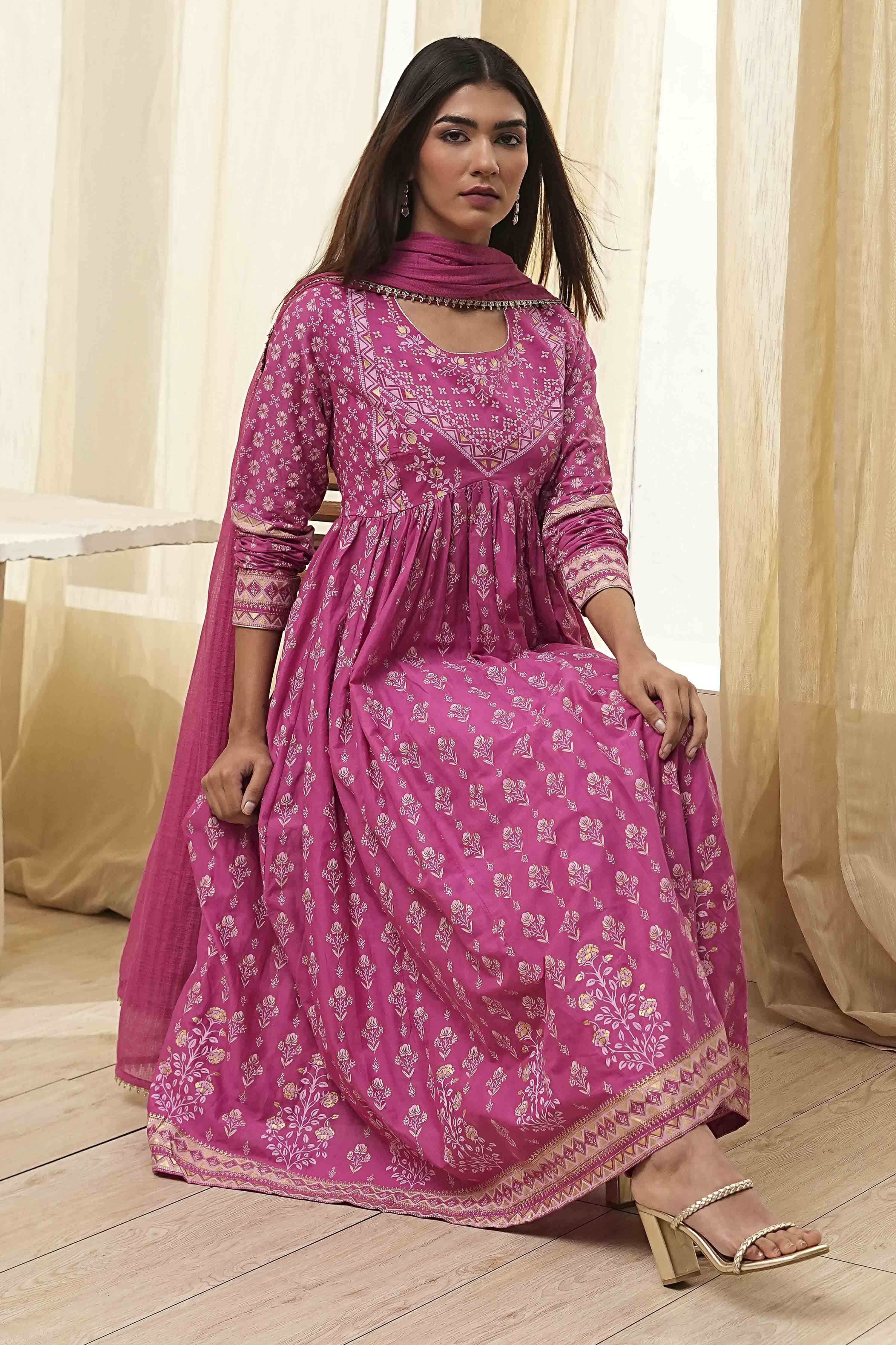 Onion Pink Cotton Printed Anarkali Suit Set image number 0
