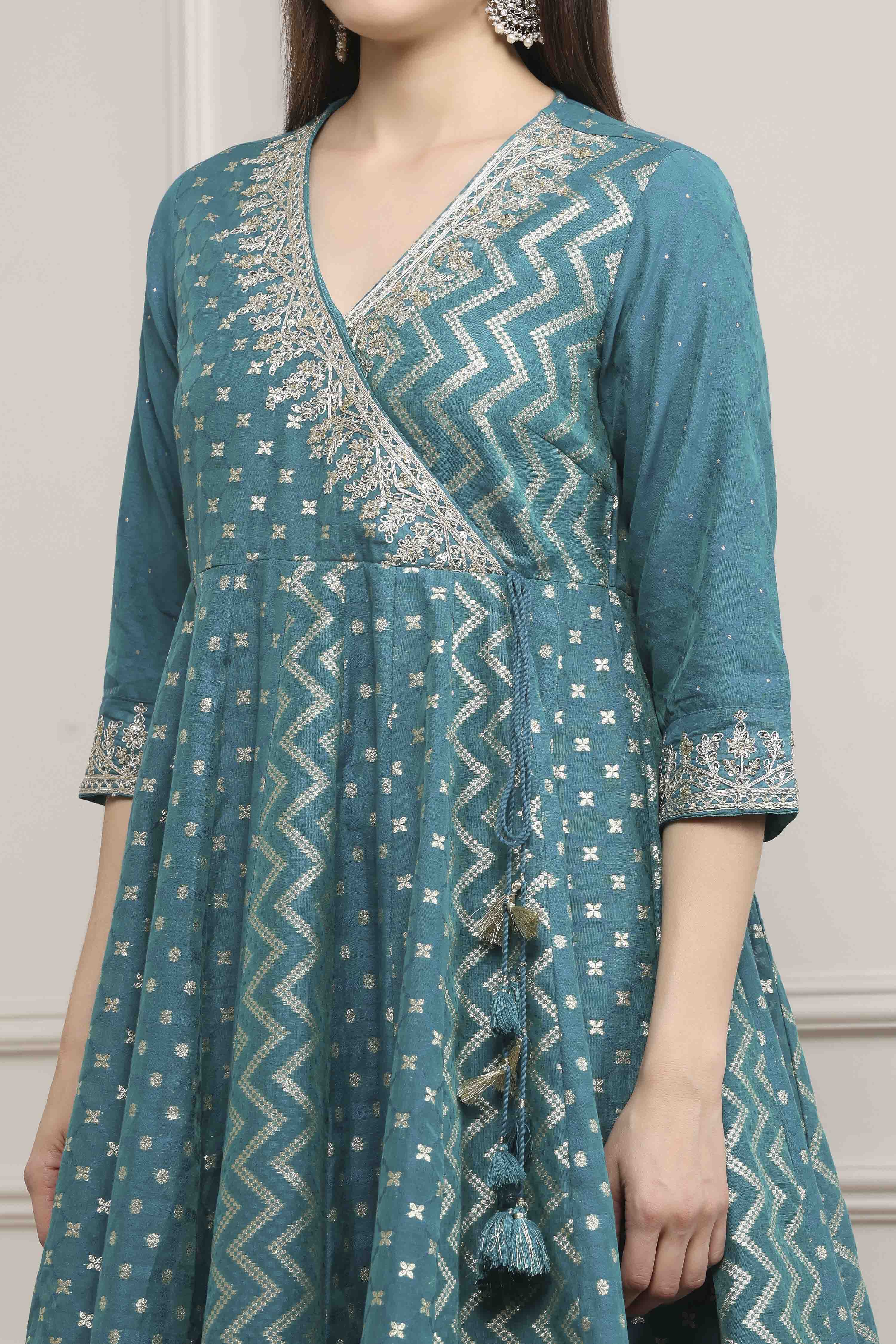 Teal Green Poly Cotton Anarkali Suit Set image number 1