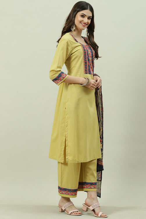 Beige Solid Cotton Straight Kurta Palazzo Suit Set image number 6