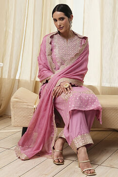 Powder Pink Embroidered Straight Suit Set image number 0