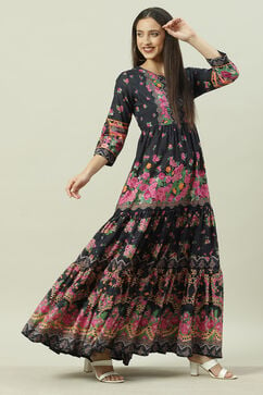 Black Cotton Flared Fusion Printed Dress image number 2