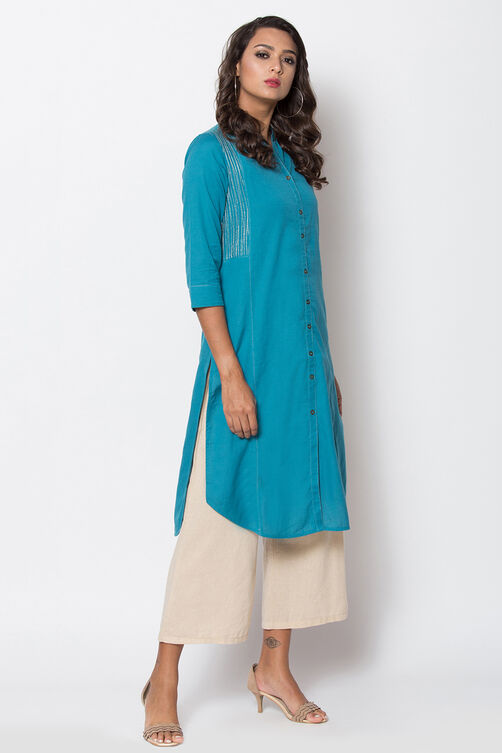 Teal Cotton Flax Front Open Solid Kurta image number 2