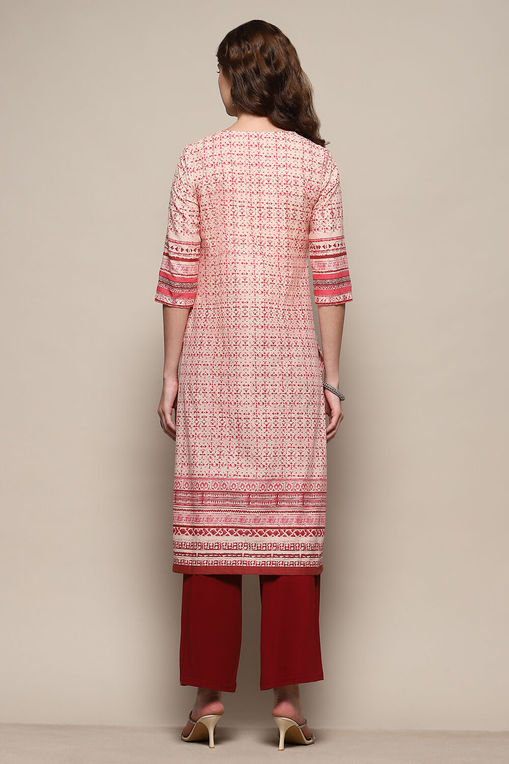 Rust & Off-white Cotton Printed Straight Kurta image number 3