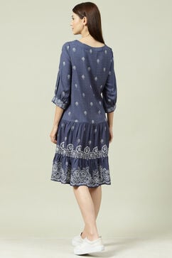 Blue Cotton Flared Fusion Dress image number 4