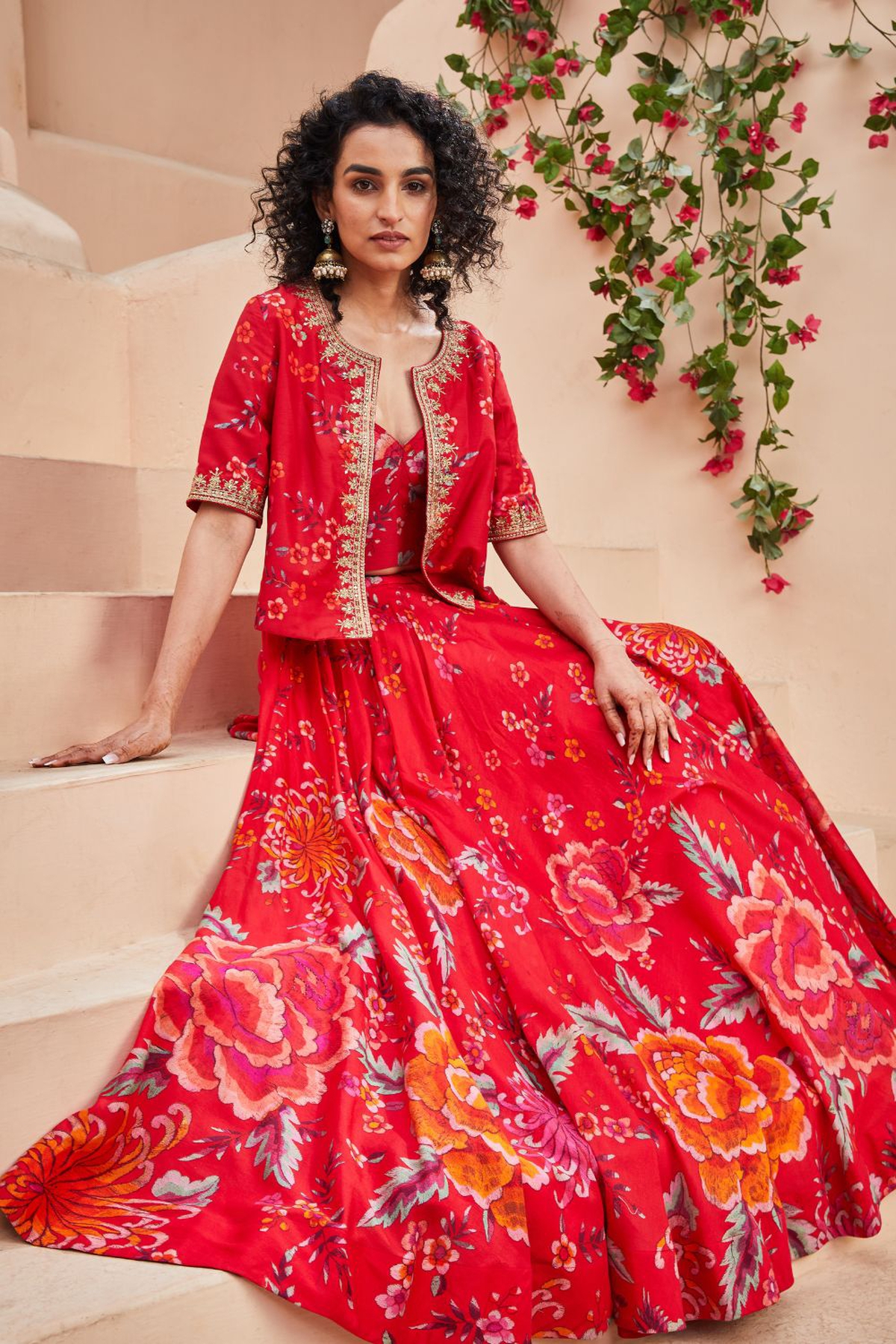 Red Floral Printed Flared Lehenga Set with Jacket