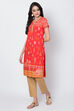 Red Metallic Cotton Straight Printed Kurta image number 4