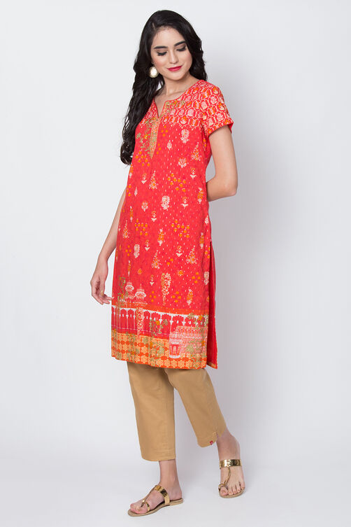Red Metallic Cotton Straight Printed Kurta image number 4
