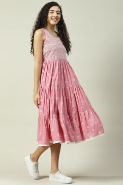 Pink Cotton Flared Printed Dress image number 3