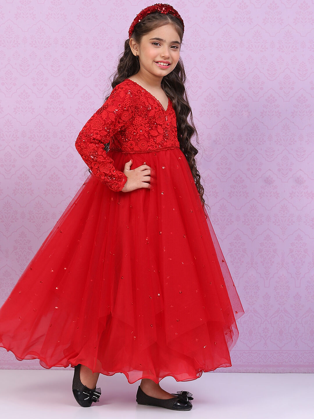 Red Nylon Layered Embroidered Dress image number 3