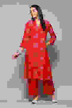 Pink Poly Chanderi A-Line Printed Kurta Palazzo Suit Set image number 0