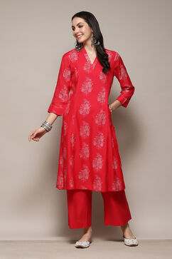 Pink Poly Chanderi A-Line Printed Kurta Palazzo Suit Set image number 0