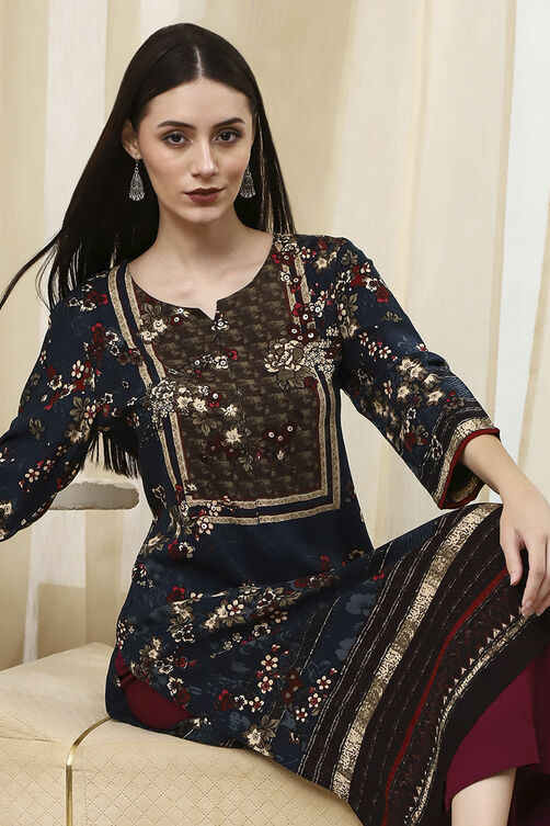 Teal Floral Printed Straight Kurta image number 0