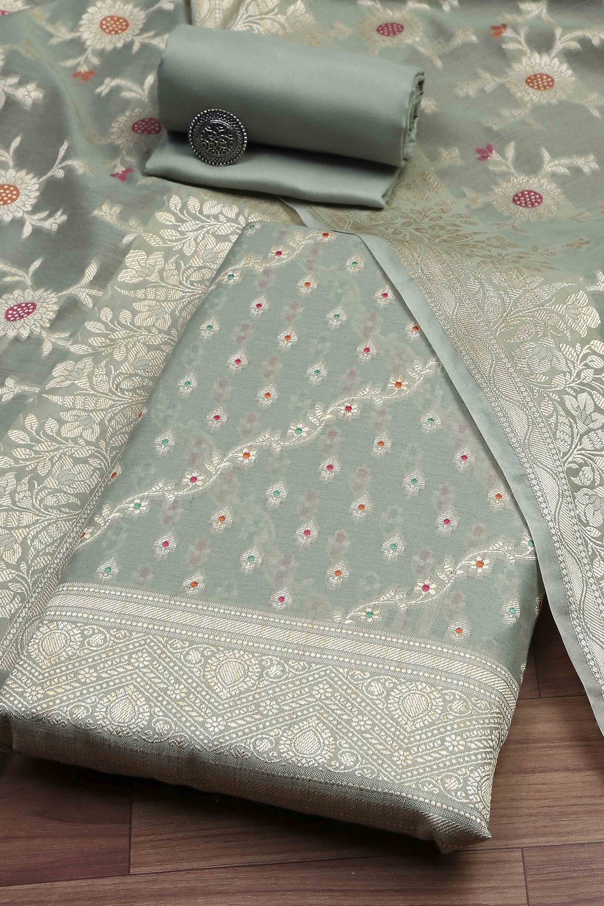 Light Green Cotton Printed Embroidered Unstitched Suit Set