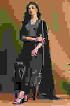 Black Cotton Printed Festive A-Line Suit Set image number 0