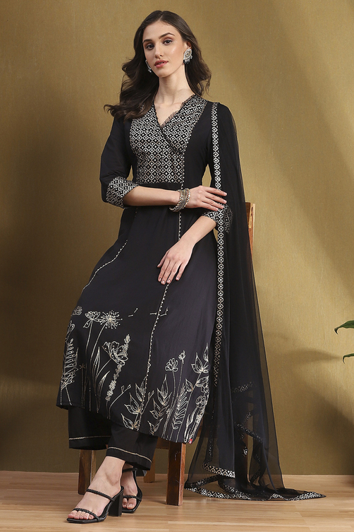Buy Black Cotton Printed Festive A-Line Suit Set Online at Biba Global