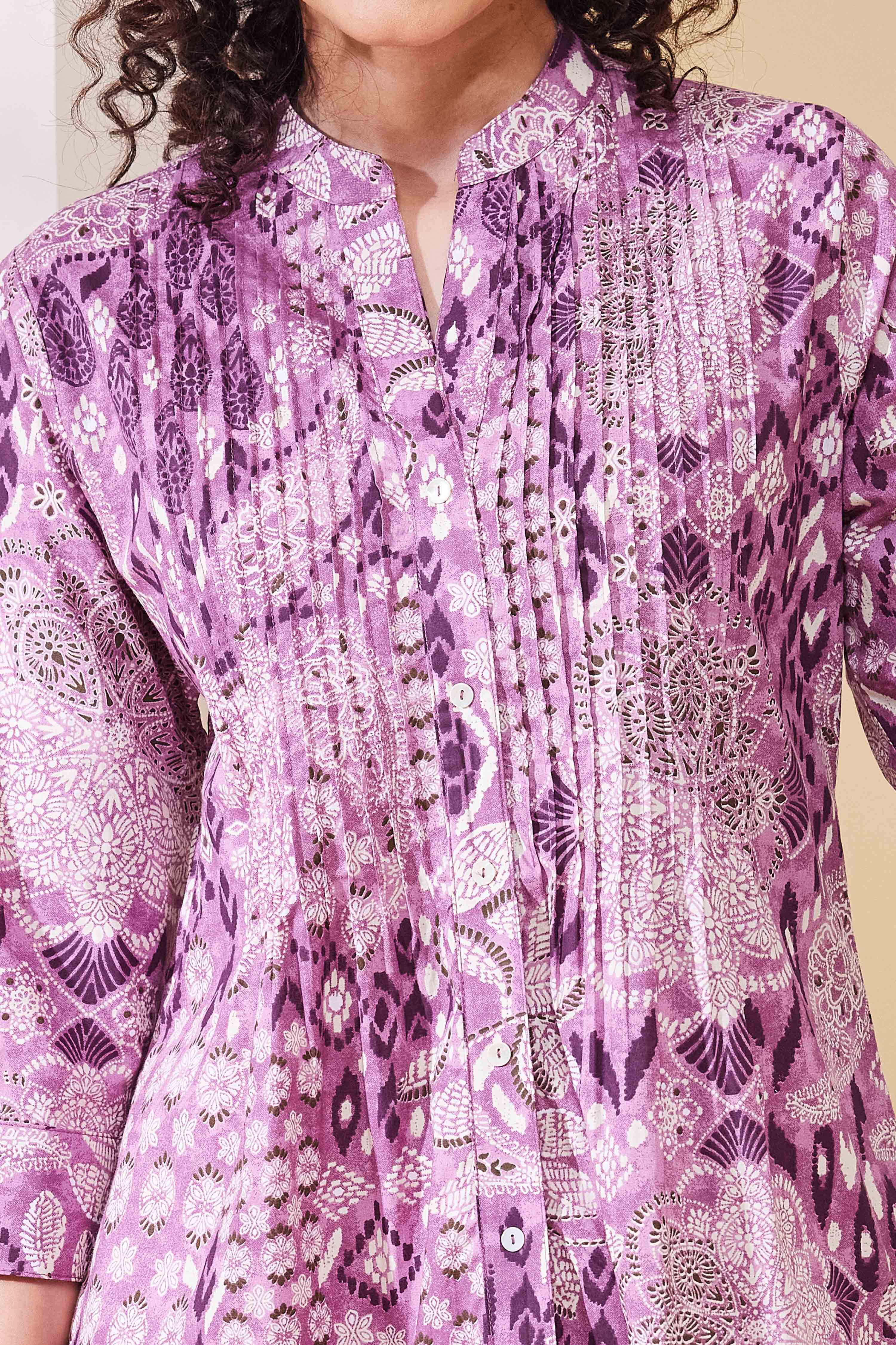 Purple Cotton Printed A-Line Kurta image number 1