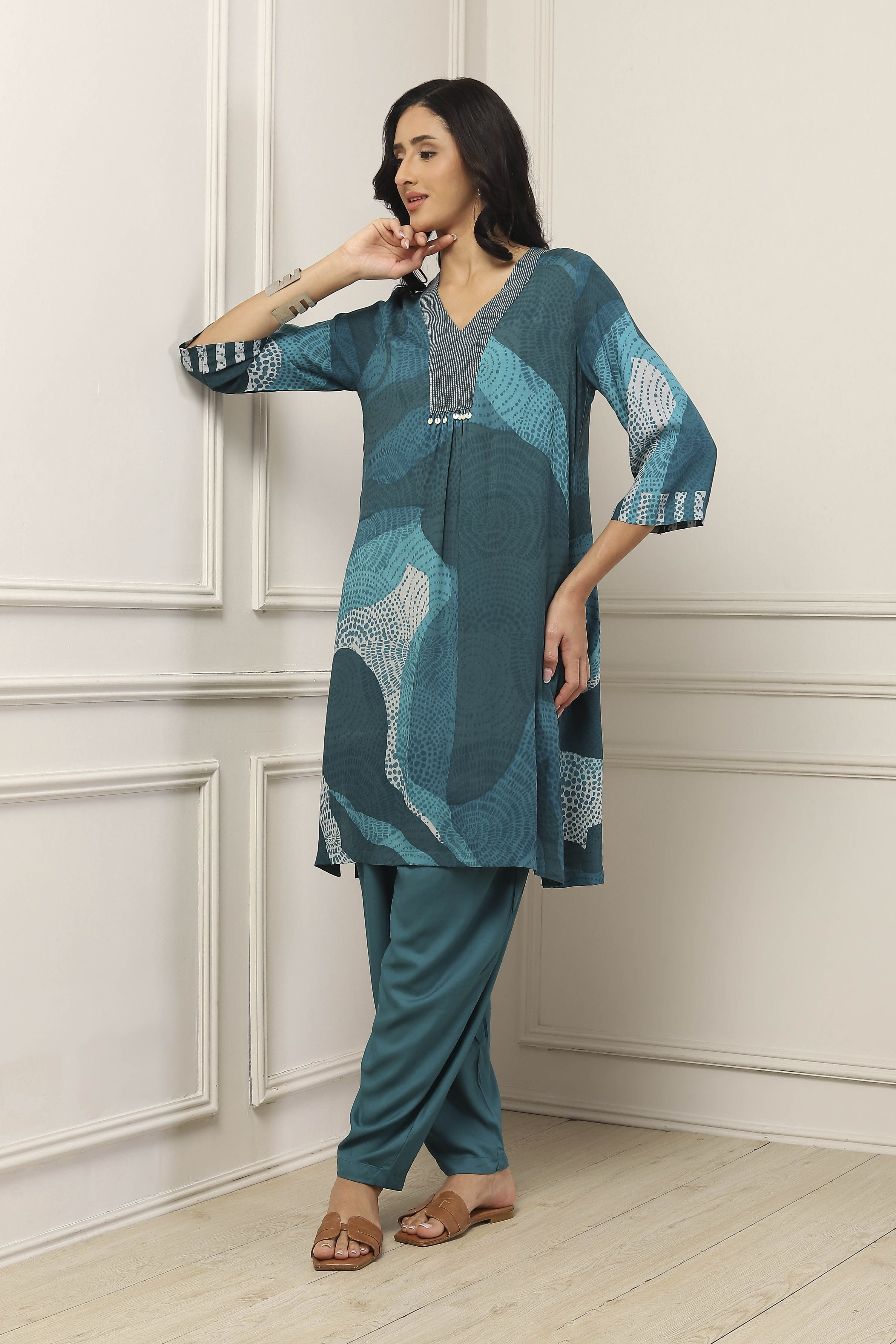 Teal Viscose Rayon Abstract Printed Straight Suit Set image number 0