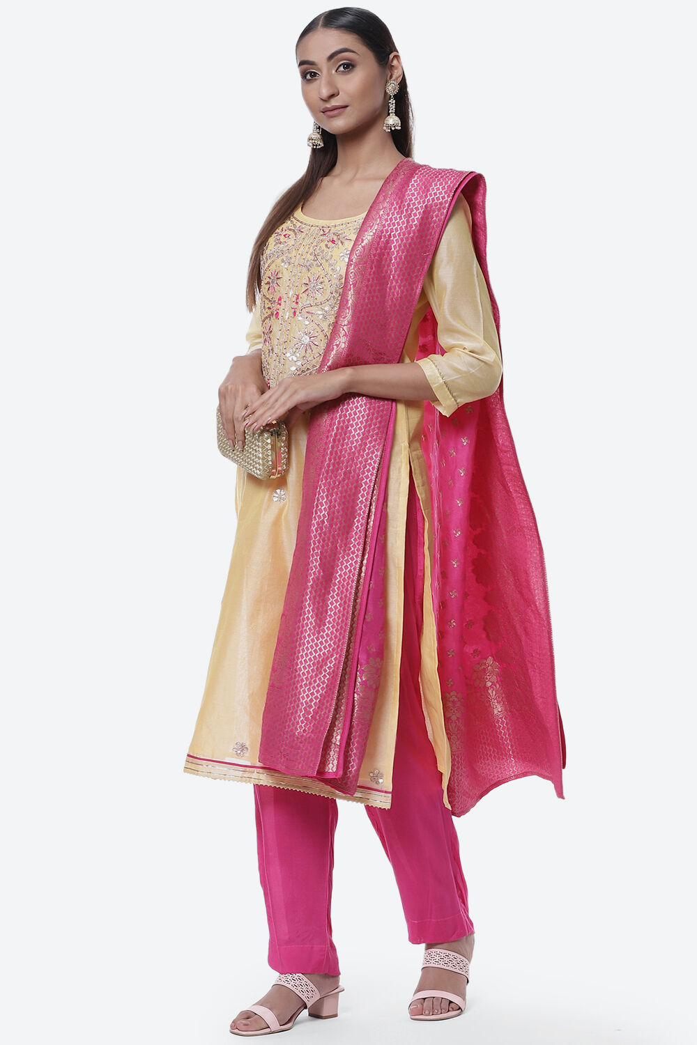 Beige Cotton Blend Hand Embroidered Unstitched Suit Set image number 4