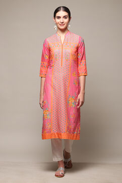 Pink Cotton Straight Printed Kurta image number 5