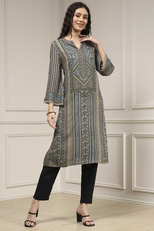 Blue Printed Straight Kurta image number 4