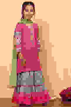 Pink Cotton Floral Printed Asymmetric Suit Set image number 3