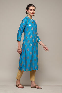 Blue Rayon Straight Printed Kurta image number 3