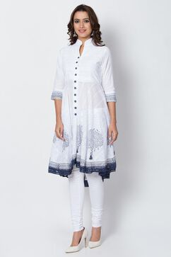 White & Blue Cotton Anarkali Kurta Churidar Suit Set image number 2