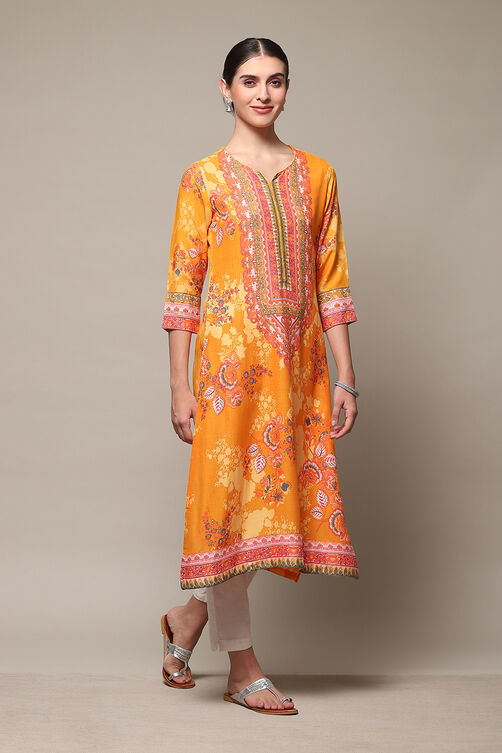 Orange LIVA Straight Printed Kurta image number 3