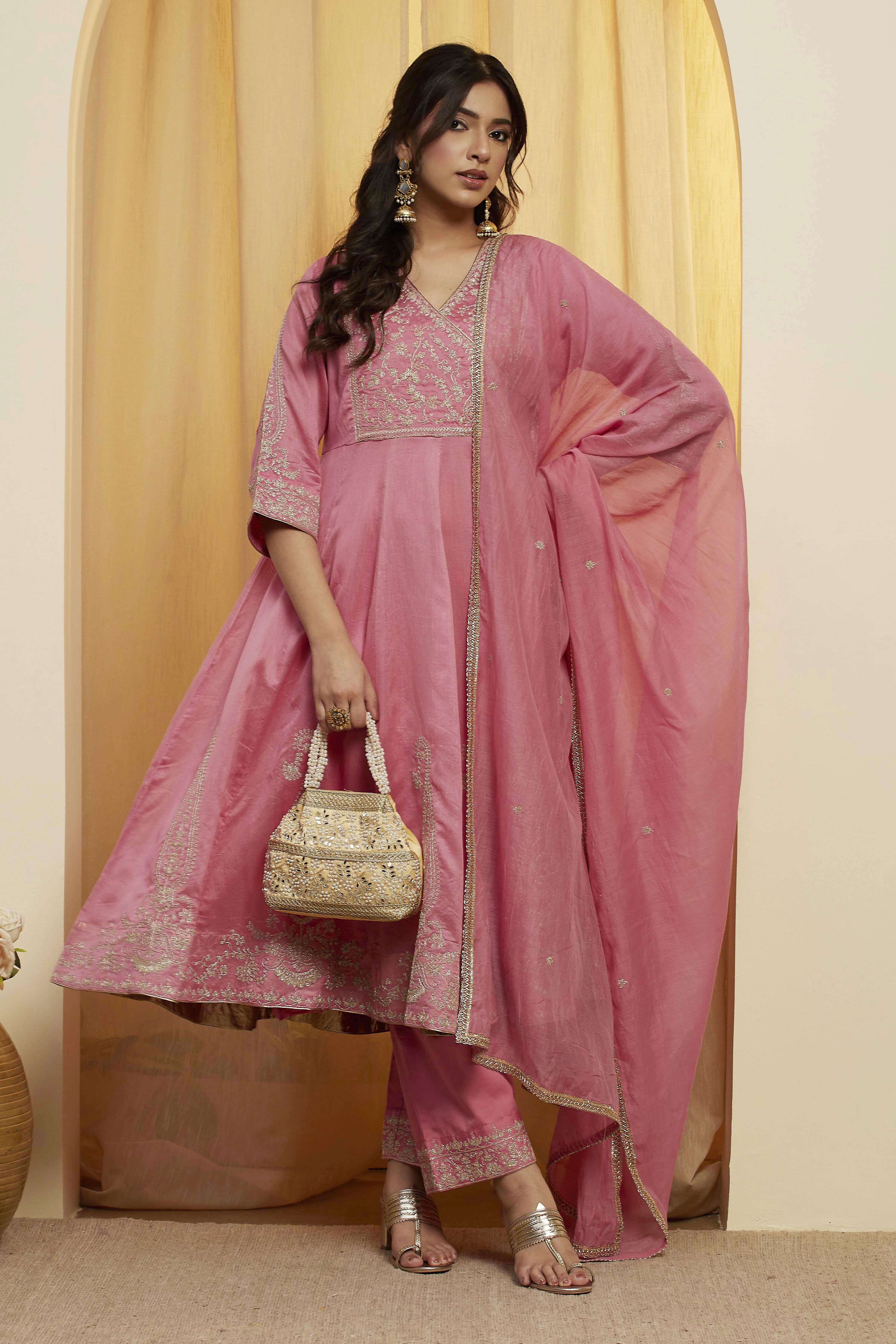 Pink Cotton Silk Anarkali Suit Set image number 0