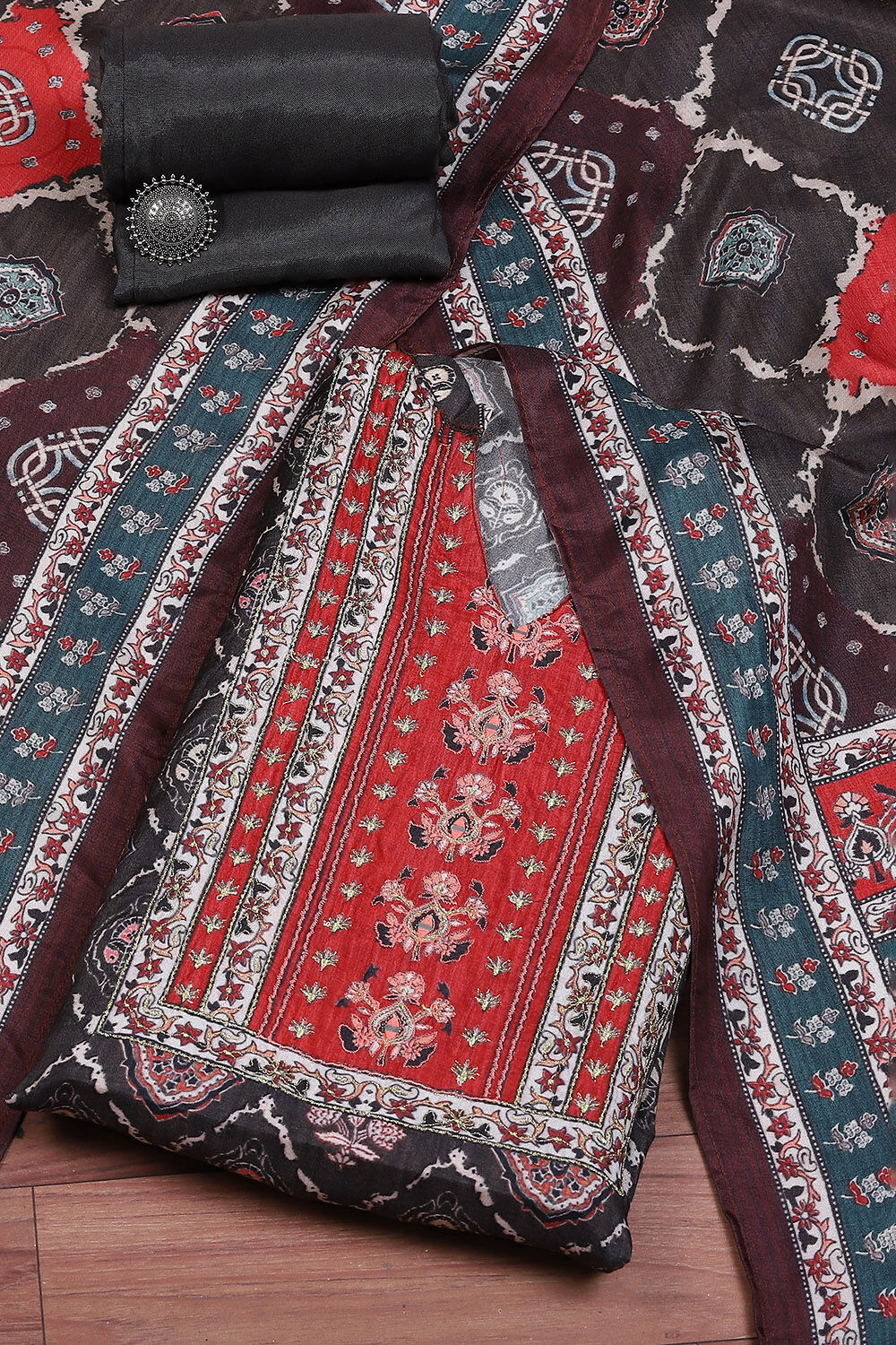 Coffee Brown Viscose Silk Hand Embroidered Unstitched Suit Set image number 0