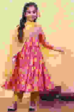 Pink and Yellow Floral Printed Tiered Suit Set image number 0