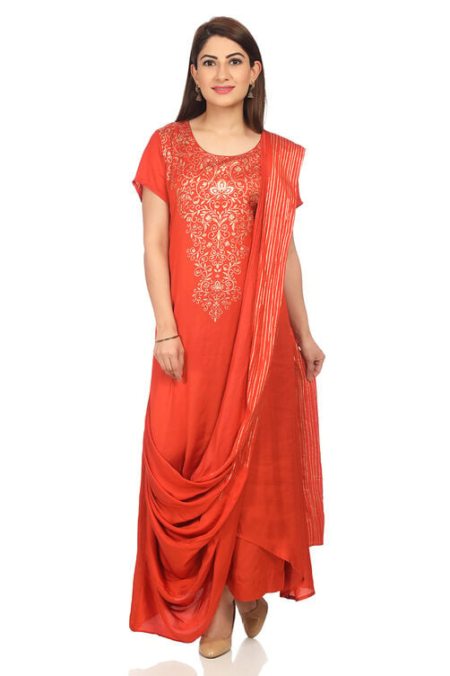 Rust Modal Asymmetric Kurta Palazzo Suit Set image number 0