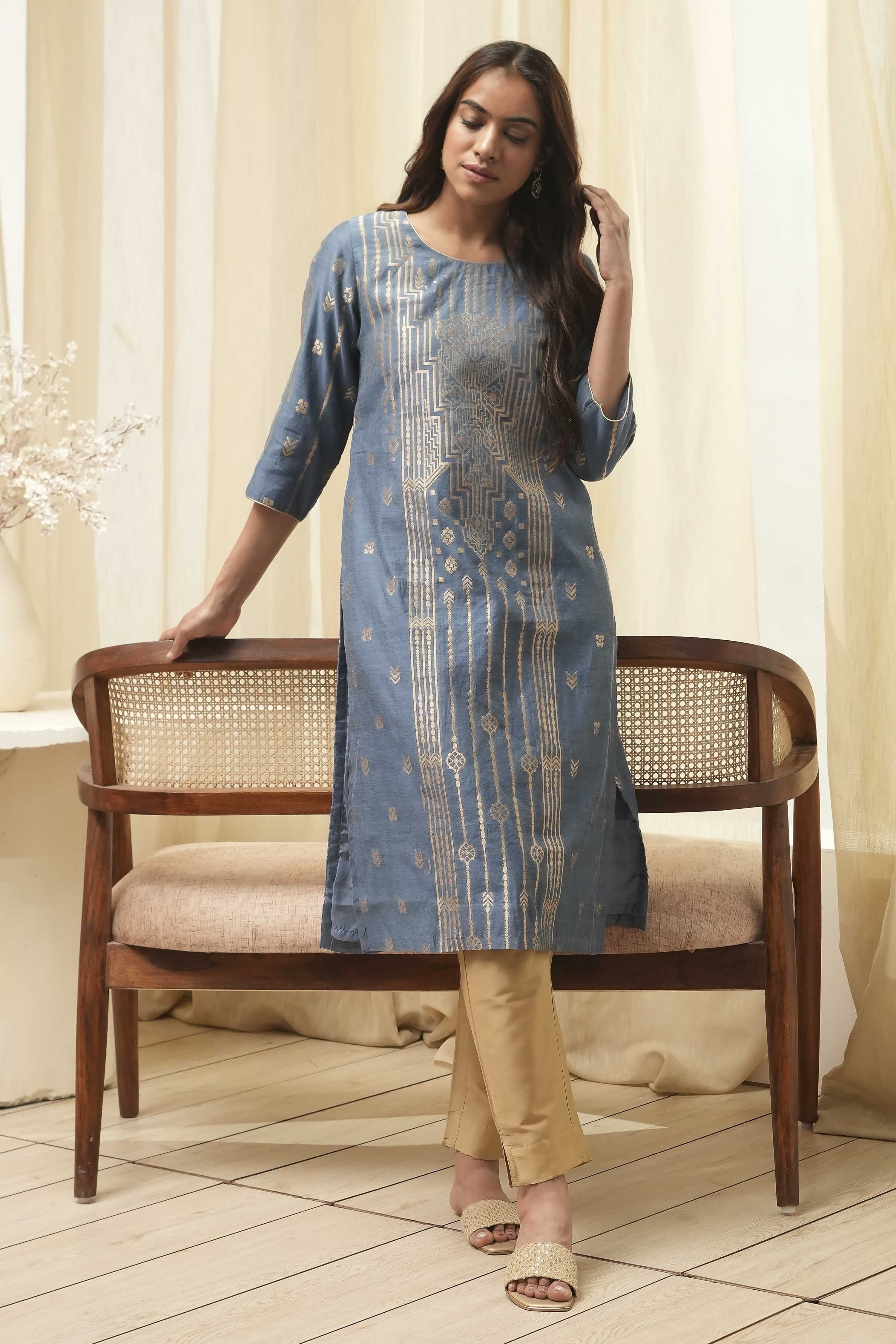 Blue Poly Cotton Straight Yarndyed Kurta image number 0