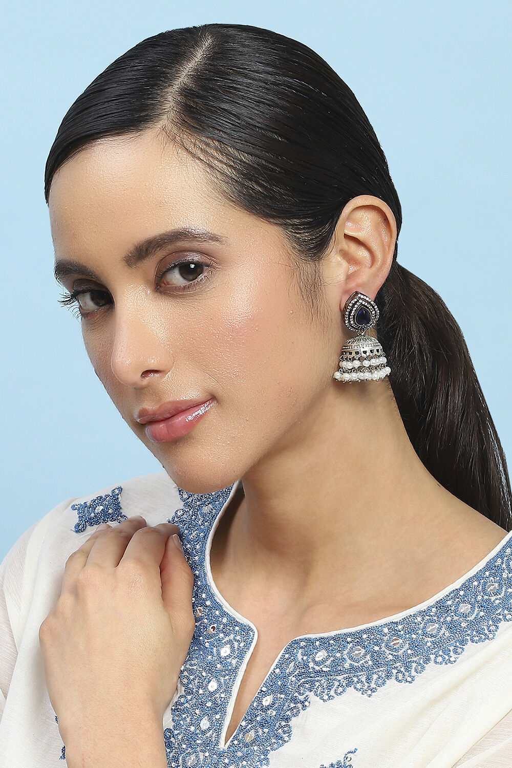 Navy Blue Stone-Studded Oxidised Jhumkas image number 3