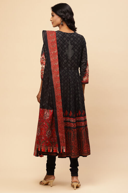 Black Cotton Anarkali Kurta Churidar Suit Set image number 7