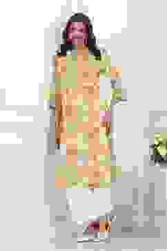 Off-White and Yellow Cotton Printed Straight Kurta image number 0