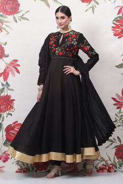 Rohit Bal Black Cotton Silk Anarkali Embroidered Suit Set image number 3