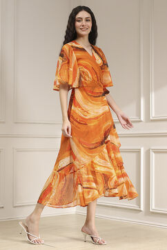 Mustard Yellow Printed Flared Dress image number 4