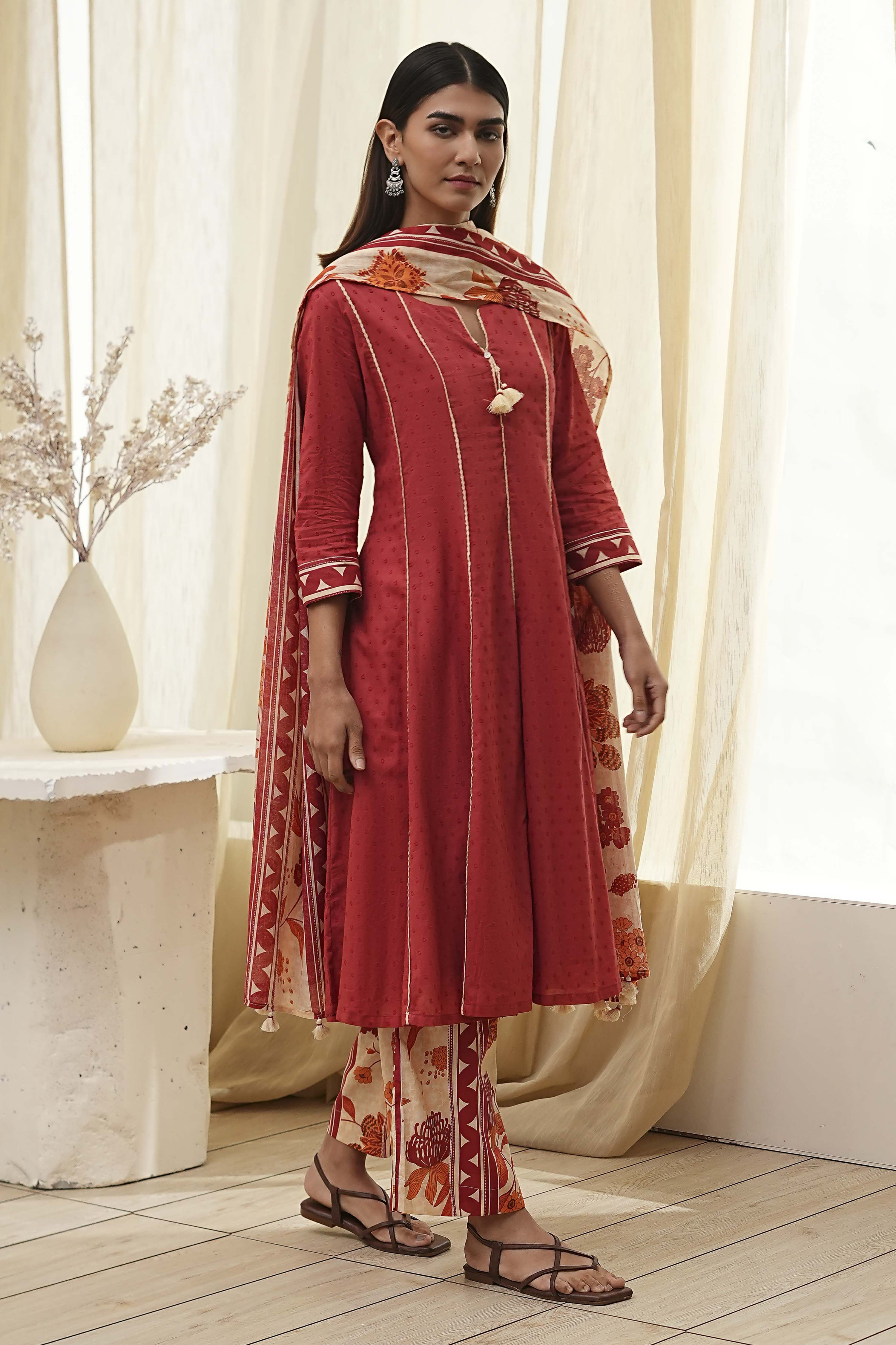 Rust Cotton Yarn-Dyed Kalidar Suit Set image number 5