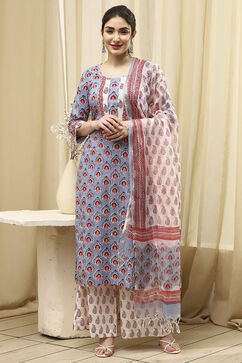 Slate Blue Cotton Hand Block Print Unstitched Suit Set image number 7