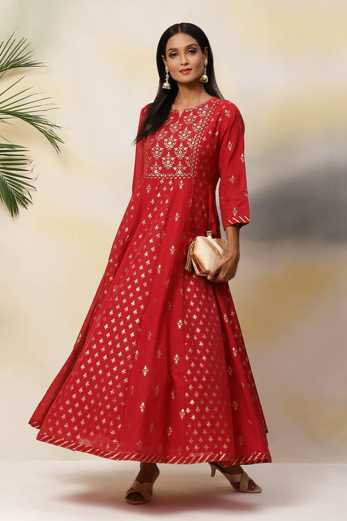 Deep Red Flared Poly Cotton Fusion Wear Dress image number 0