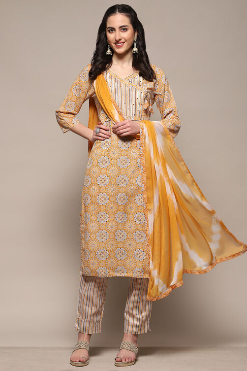 Yellow Cotton Blend Unstitched Suit Set image number 1